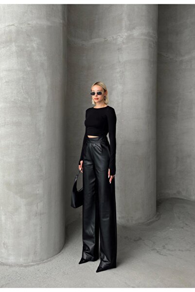 Olcay High Waist Pleated Palazzo Trousers - Leather Look, Black 7565