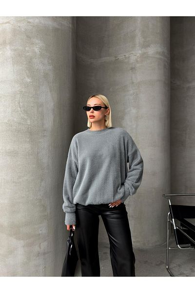 Olcay Pulover largi cu aspect de angora moale - decolteu, GREY 8237