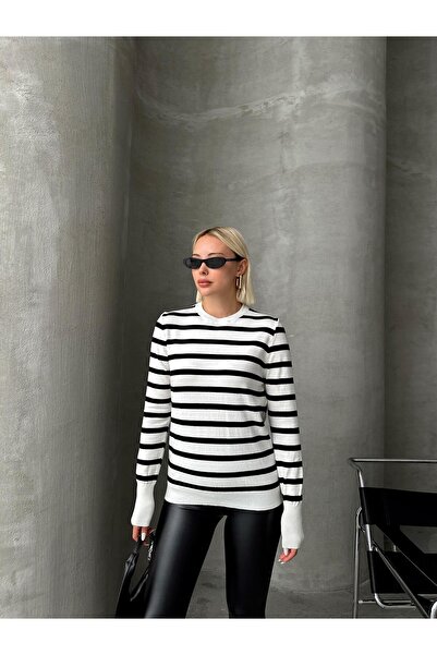 Olcay Black Striped Crew Neck Knitwear Sweater - Ecru 8236