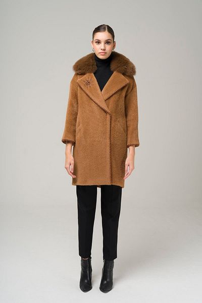 Olcay Plush Coat - Detachable Fur and Pearl Detail, Taba 3959-Tk