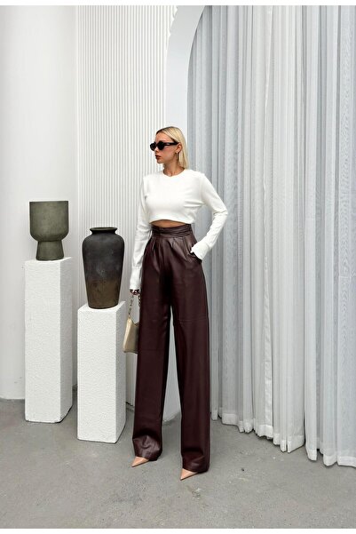 Olcay Ψηλόμεσο πλισέ Palazzo Trousers - Leather Look, BROWN 7565