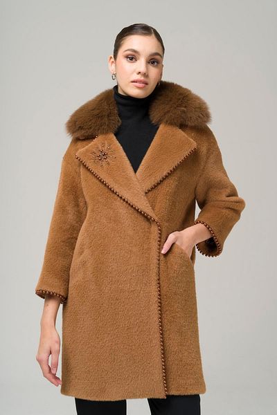 Olcay Plush Coat - Detachable Fur and Pearl Detail, Taba 3959-Tk