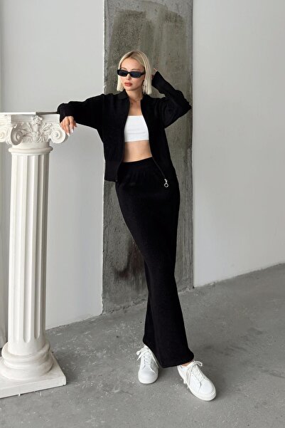 Olcay Fekete kötöttáru szett - cipzárral és bordázott szoknyával 9240-TK