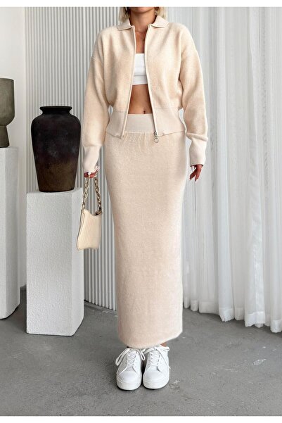 Olcay BÉZS kötöttáru szett - cipzárral és bordázott szoknyával 9240-TK