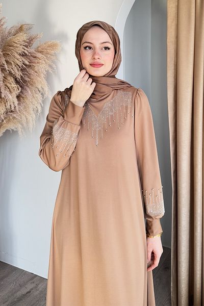 InStyle Rochie de scuba Camel cu perle cu strasuri