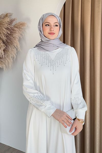 InStyle Rochie albă de scuba cu perle și strasuri