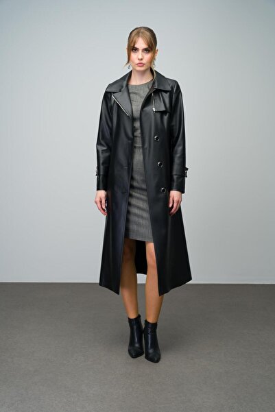 Olcay Černý kožený trenčkot - zip na límci, přezka na opasek 6609