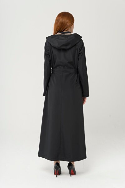 Olcay Πανωφόρι με αφαιρούμενη κουκούλα Garni Λεπτομερής μακριά καμπαρντίνα Μαύρο 4289