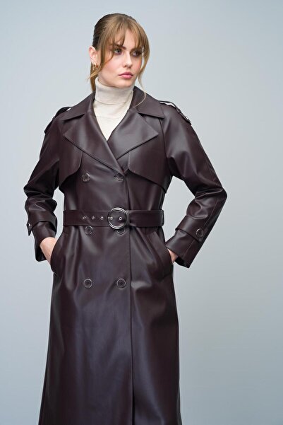 Olcay Kožený trenčkot s dvouřadým raglánovým rukávem – nárameníka a detail pláště, HNĚDÁ 6610