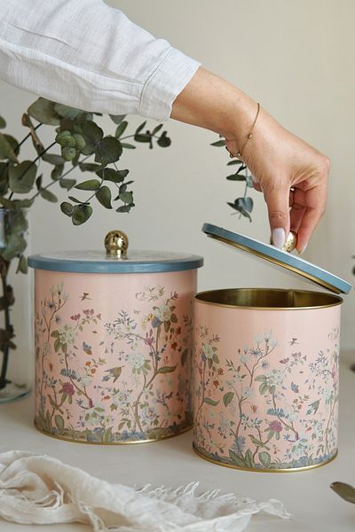 EVLE Set of 2 Botanica Patterned Metal Storage Containers - 2.1 Liter/4.1 Liter Erb48U2