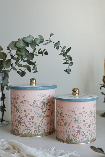 EVLE Set of 2 Botanica Patterned Metal Storage Containers - 2.1 Liter/4.1 Liter Erb48U2