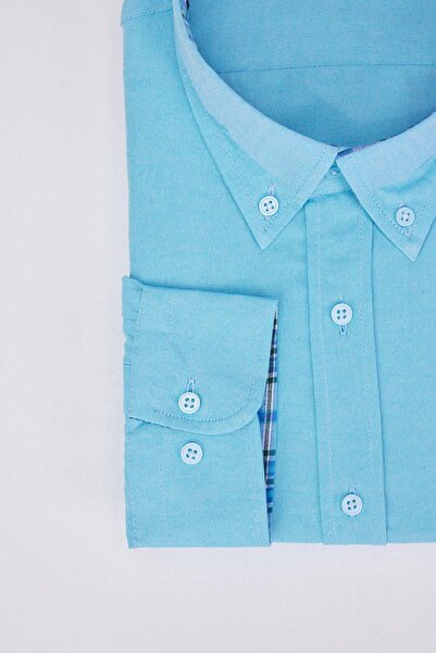 Tudors Erkek Big Size Büyük Beden Uzun Kollu Pamuklu Oxford Doku Tek Cepli Turkuaz Düğmeli Yaka Gömlek