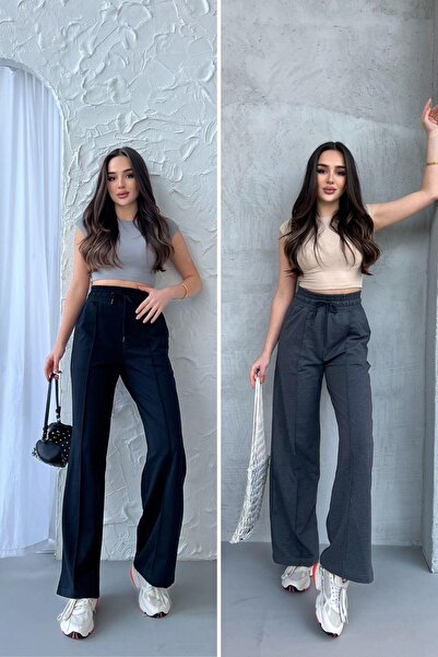 COMEOR Μαύρο-ανθρακί γυναικείο φούτερ 2 τεμαχίων με φαρδύ φαρδύ πόδι