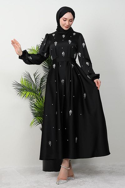 GİZ AGİYİM Black Satin Island Evening Dress
