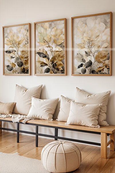 Tontilika Sonbahar Yaprakları 3 Parçalı Ahşap Çerçeveli Tablo Seti-2