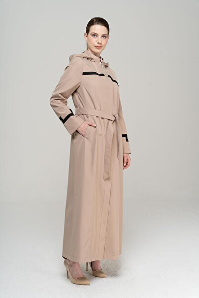 Olcay Hakim Yaka Çıkabilir Kapüşonlu Garni Detaylı Astarlı Uzun Trençkot VİZON 4295