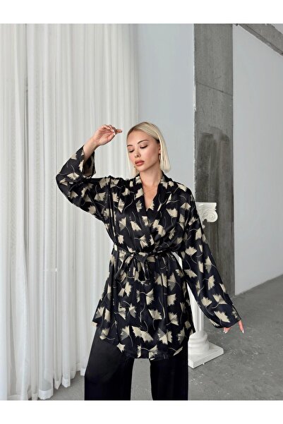 Olcay Silk Look Kimono Double Set Black 9250-Tk