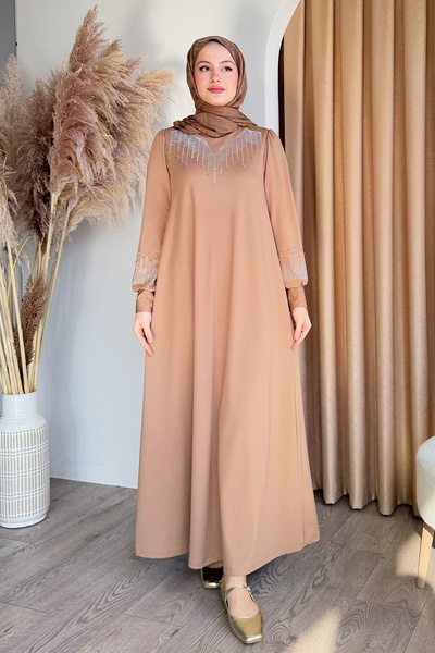 InStyle Taşlı İncili Camel Scuba Elbise