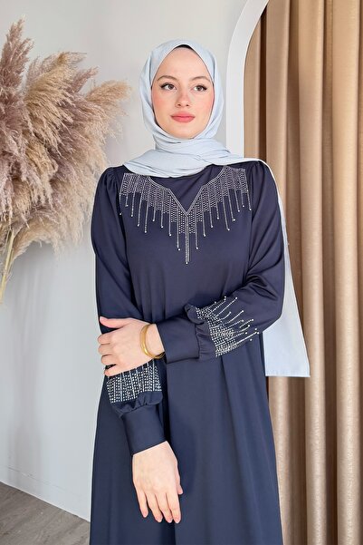 InStyle Taşlı İncili Lacivert Scuba Elbise