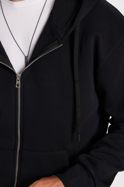 Tudors Unisex Relax Fit Rahat Kesim Pamuklu İçi Polarlı Çift Cepli Fermuarlı Siyah Kapüşonlu Sweatshirt