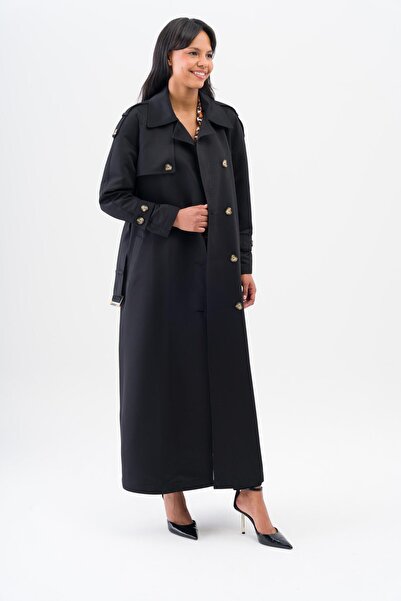 Olcay Pagony i peleryna Szczegółowy raglanowy rękaw Dwurzędowy wodoodporny element Długi trencz bez podszewki CZARNY 6538