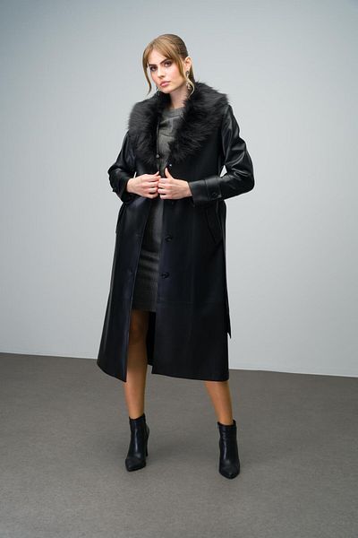 Olcay Schwarzer Leder-Trenchcoat - Abnehmbare Taille mit abnehmbarem Kragen und Gürtel 6606