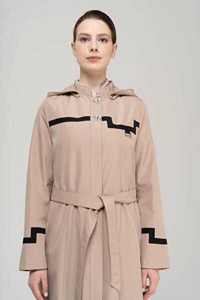 Olcay Hakim Yaka Çıkabilir Kapüşonlu Garni Detaylı Astarlı Uzun Trençkot VİZON 4295