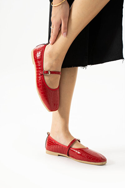 STOCON Women's Ballerina Croco Patterned Belted Casual and Office Shoes