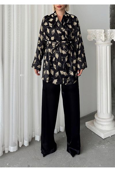 Olcay Black Silk Look Kimono Set - 9250-Tk