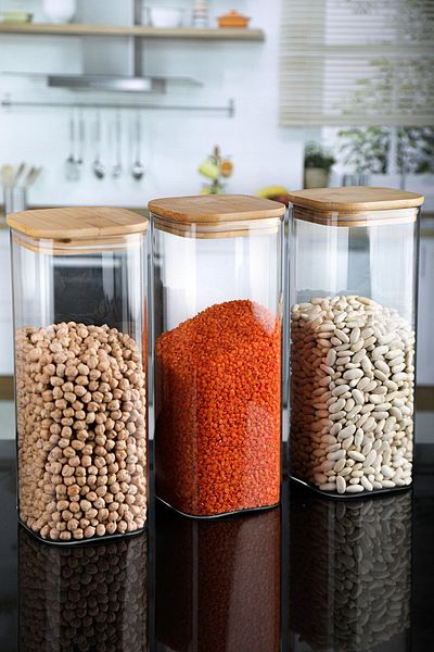 Karçiçeği Home 3-Piece Jumbo Square Jar with 1800 ml Capacity - Bamboo Lid, Vacuum, 23X10 cm