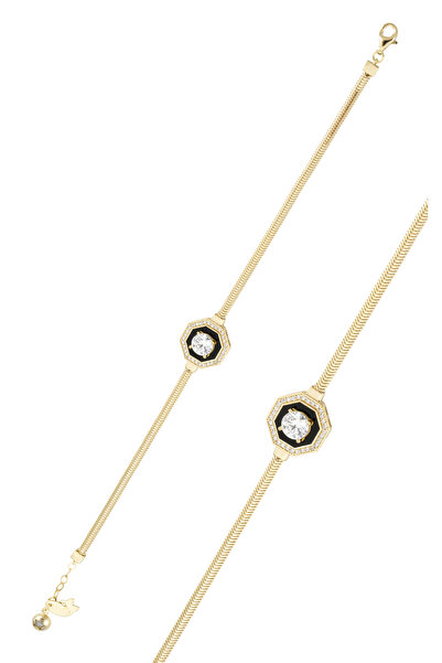 Çgk Çiğdem Gürel Kuyumculuk Siyah Mineli Tektaş Balıksırtı Altın Bileklik