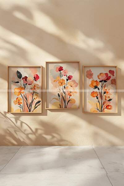 Tontilika Pastel Çiçekler 3 Parçalı Ahşap Çerçeveli Tablo Seti-2