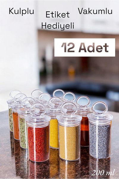 Serin Bardak 12 Pieces Spice Jar Set with Handles and Vacuum Lid (TRANSPARENT SPICE Label GIFT)