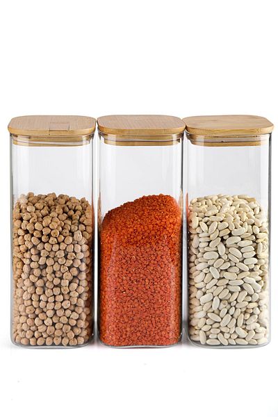 Karçiçeği Home 3-Piece Jumbo Square Jar with 1800 ml Capacity - Bamboo Lid, Vacuum, 23X10 cm