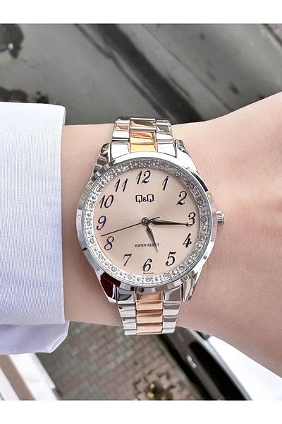 Q&Q Women's Dual Color Wristwatch with Shiny Silver and Stone Detail - Elegance Quality