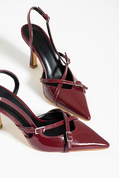 diclepolat Andel Claret Red Patent Leather Pointed Toe Belt Detailed Heeled Women's Shoes