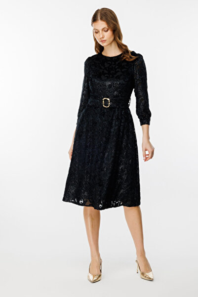 Ekol Kadın Midi Elbise - 3/4 Kol - Kemerli - Vintage Tarzı