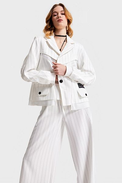 its basic Women's White Striped Color Double Breasted Design Jacket