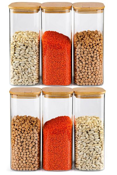 Karçiçeği Home Set of 6 1800 ml Bamboo Lid Square Glass Spice Rack Dragelic and Food Container 23X10 cm