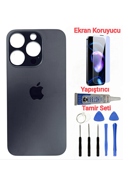 indirimplus iPhone 15 Pro Max Arka Kapak Pil Kapağı Cam Ürün SİYAH TİTANYUM RENK +KIRILMAZ CAM