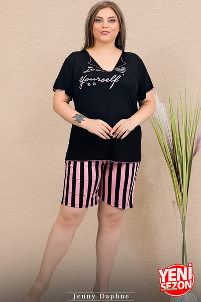 Jenny Daphne Lady Plus Size Striped Short-Sleeved V-Neck Printed Shorts Pajama Suit 10427
