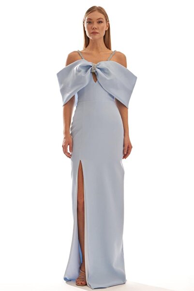 Elbisemhazır Taş Askılı Düşük Kol Krep Kadın Uzun Abiye Elbise