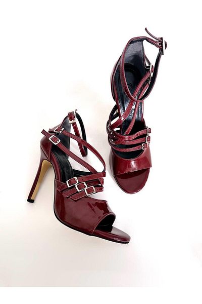 diclepolat Zanya Claret Red Patent Leather Women's Belt Detailed Open-Front Heeled Shoes