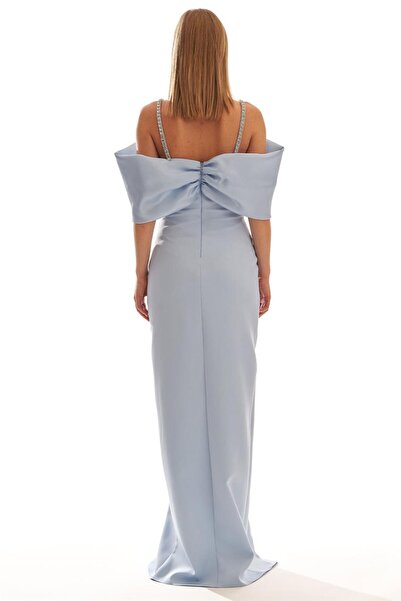 Elbisemhazır Taş Askılı Düşük Kol Krep Kadın Uzun Abiye Elbise