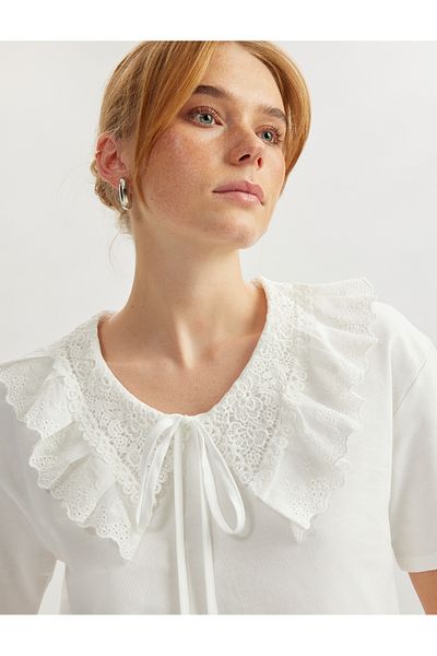 Koton Cotton Ruffled Scalloped Baby Neck Short Sleeve T-Shirt