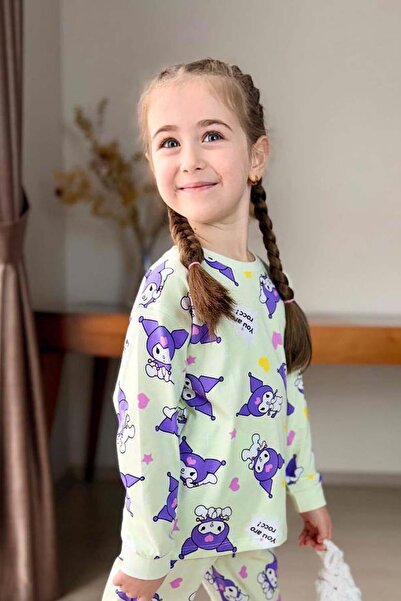 Riccotarz Girl's Kuromi Character Printed Light Green Pajamas Set