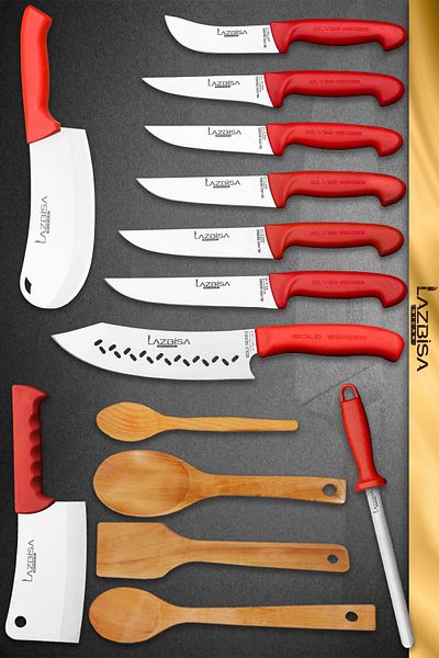 LAZBİSA Silver Series Kitchen Knife Set Row Pastry Knife Masat and Montesev Wooden Spoon Set (14 Pieces)