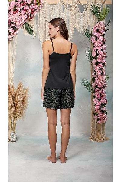 Doreanse Set de pijamale pentru femei, negru, cu guler din dantelă, cu model leopard, pantaloni scurți, tricou 25Y4067