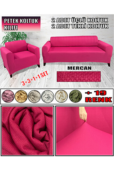 KILIFSAN Petek Kumaş 2 Adet Üçlü Çekyat- 2 Adet Tekli Koltuk Kılıfı Seti