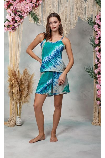 Doreanse Women's Blue Tie-Dye Pattern Strap T-Shirt Shorts Pajamas Set 25Y4069